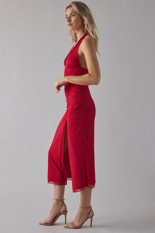 UO Deep Plunge Halter Ruched Mesh Midi Dress #2