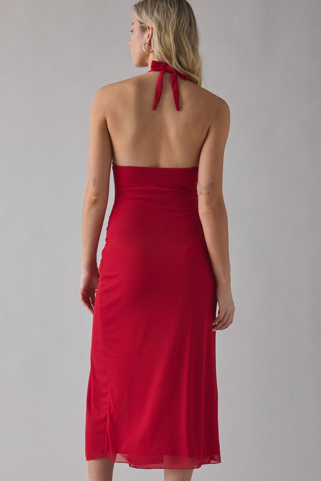 UO Deep Plunge Halter Ruched Mesh Midi Dress #3