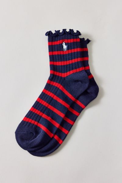 Polo Ralph Lauren Lettuce Edge Ankle Sock In Navy, Women's At Urban Outfitters In Blue