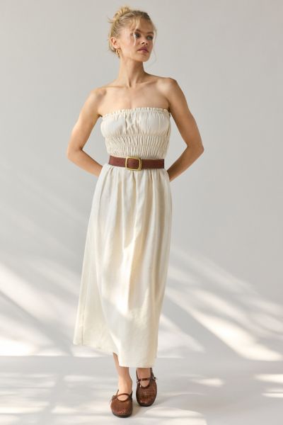 ReMADE By UO Made In LA EcoVero™ Linen Ruched Tube Midi Dress Product Page