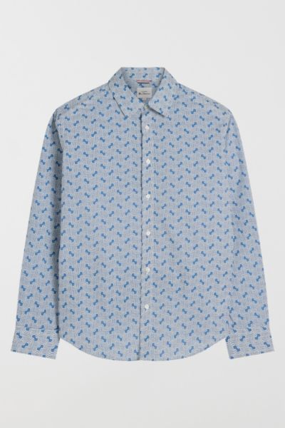 Ben Sherman Linear Print Button Down Shirt Top In Airforce Blue, Men's At Urban Outfitters In Airforce Blue