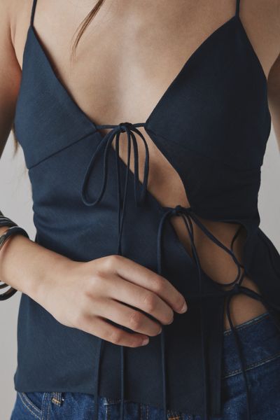 Lioness Mariah Linen-blend Asymmetric Tie-front Cami In Navy, Women's At Urban Outfitters
