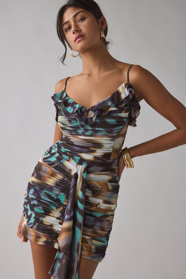 AFRM Mackie Feather Swirl Ruched Cascading Ruffle Mini Dress #1