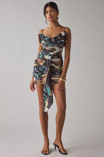 AFRM Mackie Feather Swirl Ruched Cascading Ruffle Mini Dress