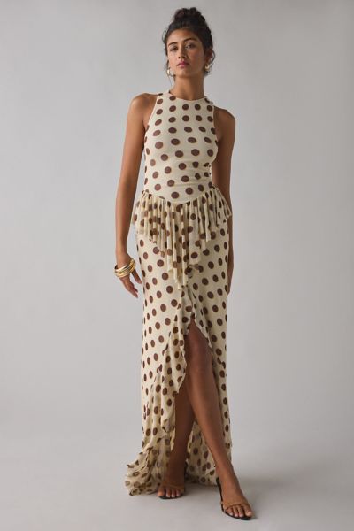 Robe longue en filet asymétrique à volants AFRM Bovina