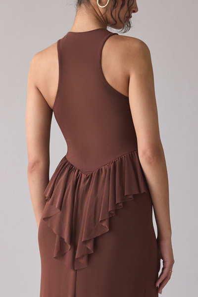 AFRM Bovina Asymmetrical Ruffle Mesh Maxi Dress