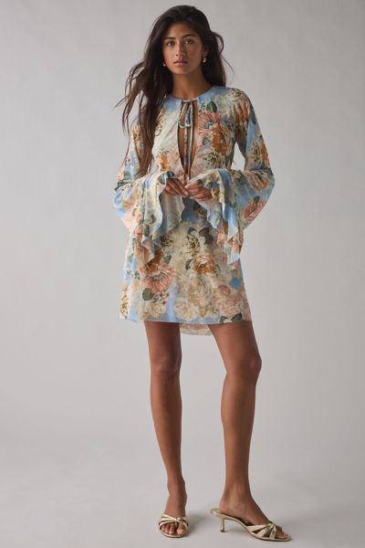 AFRM Kori Soft Slate Bloom Tie-Front Keyhole Cutout Bell Sleeve Mini Dress