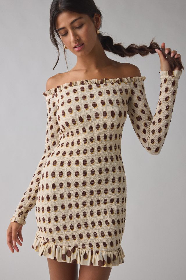 AFRM Peck Gold Halo Dot Mesh Off-The-Shoulder Bodycon Mini Dress #1
