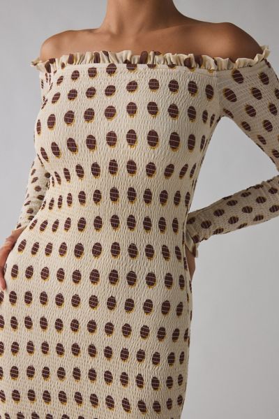 AFRM Peck Gold Halo Dot Mesh Off-The-Shoulder Bodycon Mini Dress