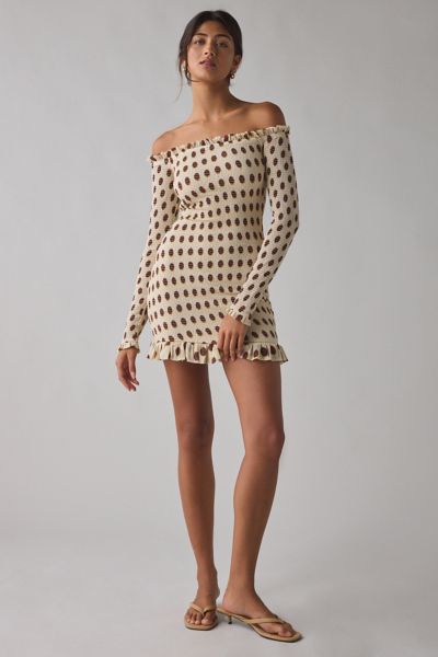 AFRM Peck Gold Halo Dot Mesh Off-The-Shoulder Bodycon Mini Dress