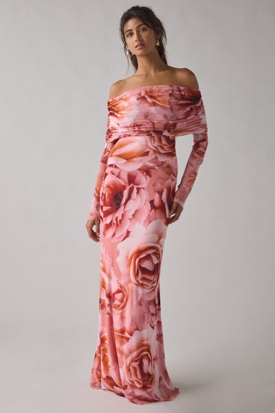 AFRM Thelma Peach Roses Mesh Off-The-Shoulder Long Sleeve Maxi Dress