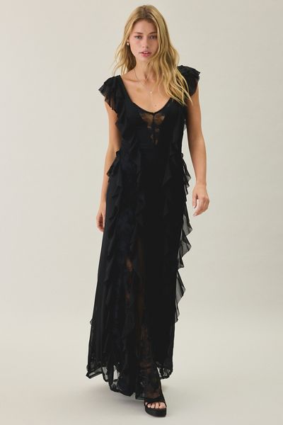 AFRM Trisa Cappuccino Lace Trim Ruffle Maxi Dress