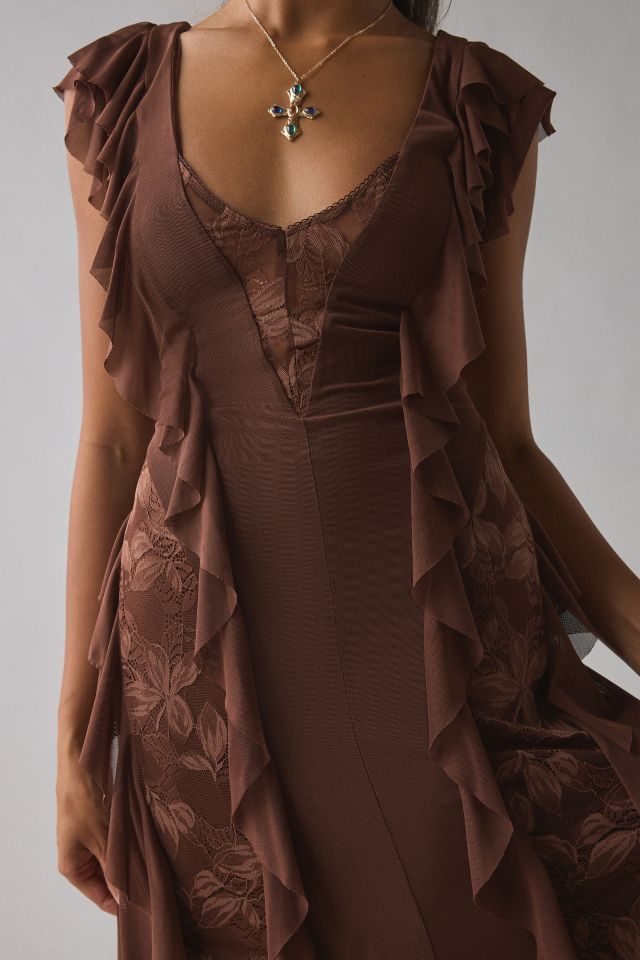 AFRM Trisa Cappuccino Lace Trim Ruffle Maxi Dress #1