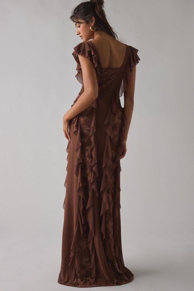 AFRM Trisa Cappuccino Lace Trim Ruffle Maxi Dress #3