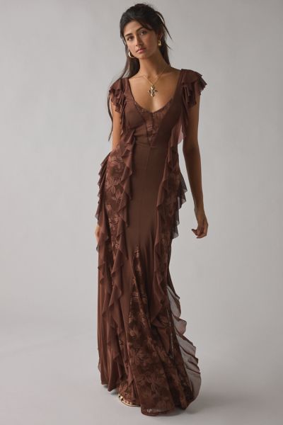 AFRM Trisa Cappuccino Lace Trim Ruffle Maxi Dress