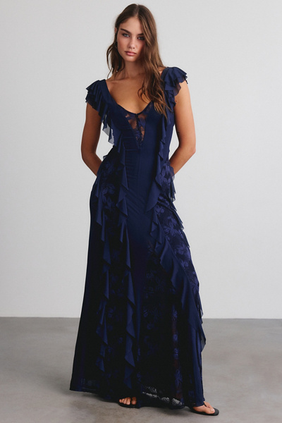 AFRM Trisa Lace Trim Ruffle Maxi Dress | Urban Outfitters