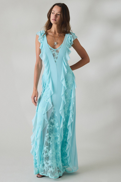 AFRM Trisa Cappuccino Lace Trim Ruffle Maxi Dress | Urban Outfitters