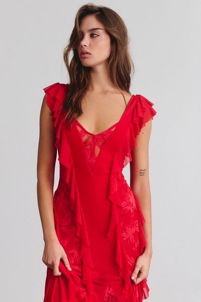 AFRM Trisa Lace Trim Ruffle Maxi Dress