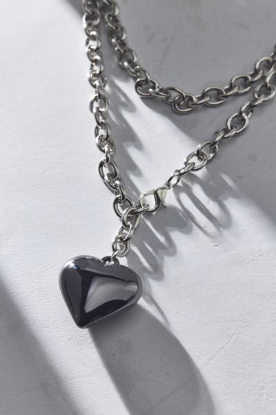 Urban Outfitters Enameled Puffy Heart Wrap Necklace In Black, Women's At  In Metallic