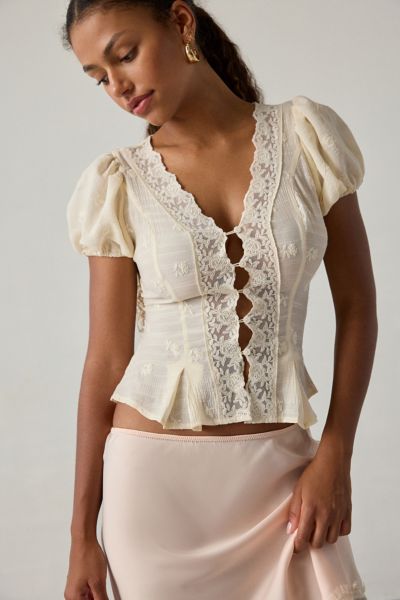 Kimchi Blue Aurelia Lace Trim Puff Sleeve Blouse Product Page