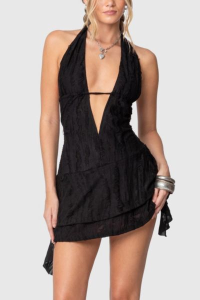 Edikted Shredded Backless Halter Mini Dress In Black, Women's At Urban Outfitters