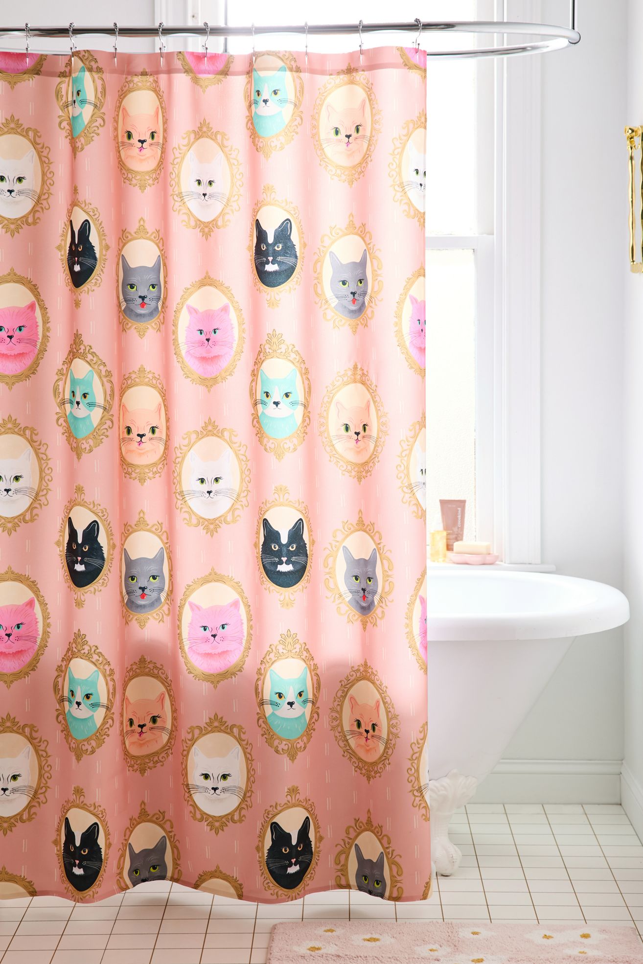 Cat Cameos Patterned Shower Curtain - Pink, Regular, 74X71