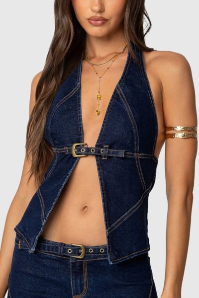 Edikted Ciel Split Front Denim Halter Top In Dark/blue, Women's At Urban Outfitters