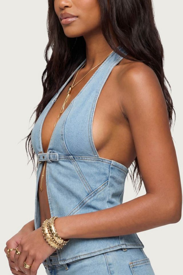 Edikted Ciel Split Front Denim Halter Top #2