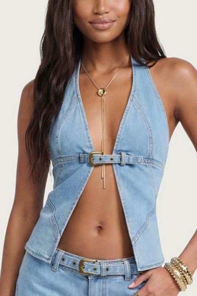 Edikted Ciel Split Front Denim Halter Top