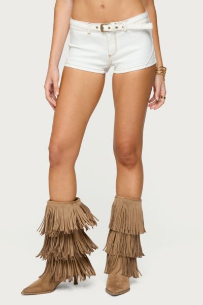 Edikted Ciel Belted Low Rise Denim Micro Shorts In White