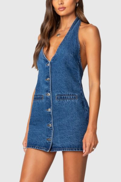Edikted Destinee Denim Halter Mini Dress In Blue/washed, Women's At Urban Outfitters