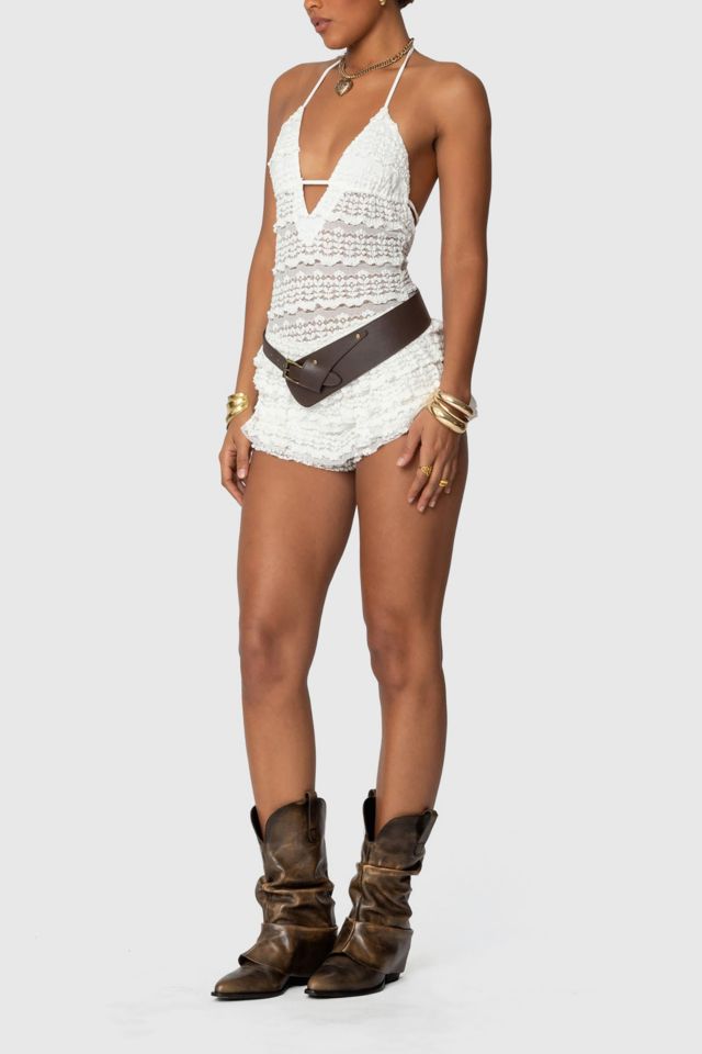 Edikted Lanney Ruffled Sheer Lace Romper
