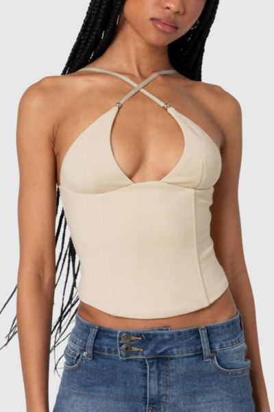 Edikted Lou Crossover Beaded Corset Top In Beige, Women's At Urban Outfitters