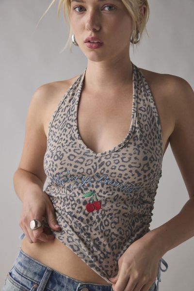 Urban Outfitters Cherry Bomb Graphic Leopard Print Halter Top In Leopard Print, Women's At  In Gray