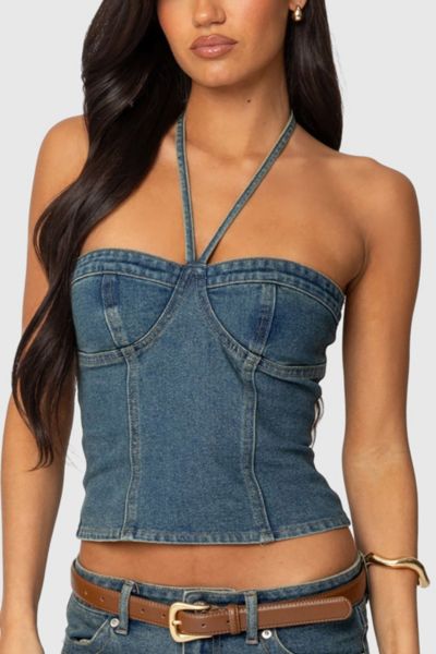 Edikted Jagger Denim Halter Top In Blue/washed, Women's At Urban Outfitters