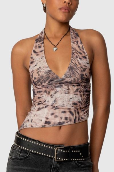 Edikted Leopard Mesh Asymmetric Halter Top In Leopard, Women's At Urban Outfitters