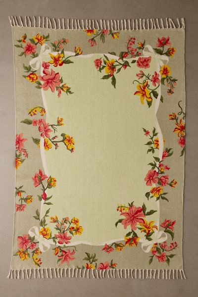 Urban Outfitters Blooming Bow Printed Woven Rug In Mint At  In Neutral