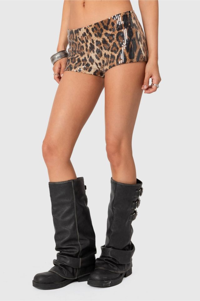 Edikted Sequin Leopard Printed Micro Shorts