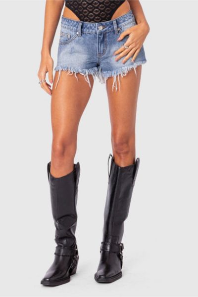 Edikted Erika Low Rise Frayed Denim Shorts In Blue, Women's At Urban Outfitters