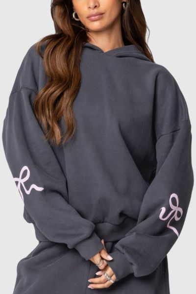 Edikted Bonney Bow Detail Hoodie Sweatshirt In Dark/gray, Women's At Urban Outfitters