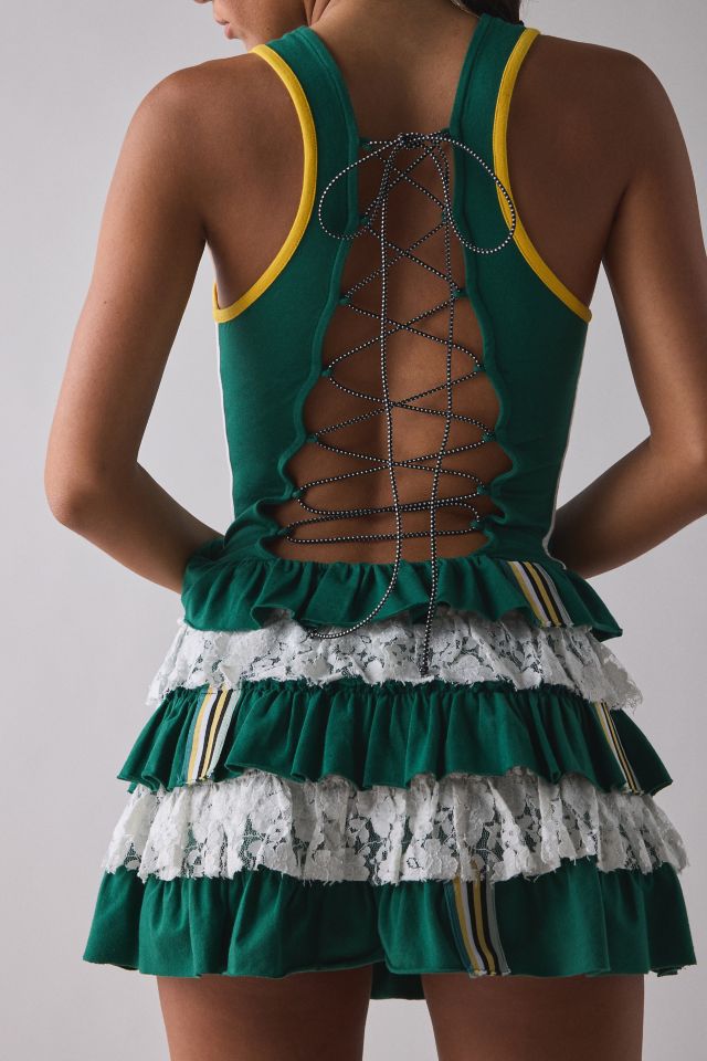 UO Good Game Laced Up Open-Back Tiered Ruffle Romper #3