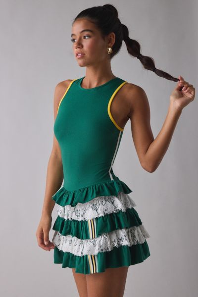 UO Good Game Laced Up Open-Back Tiered Ruffle Romper