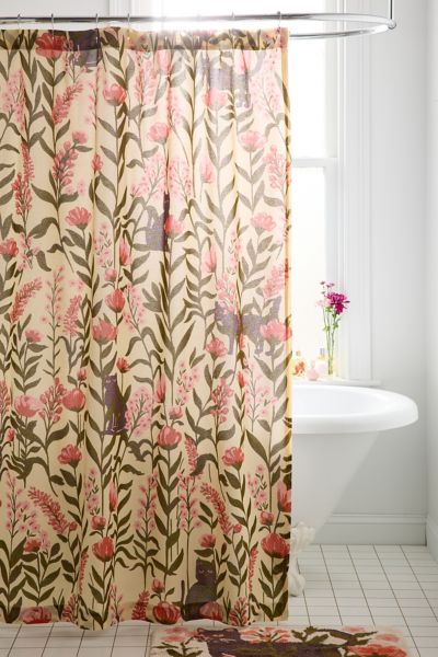 Urban Outfitters Wren Cat Greenery Patterned Shower Curtain In Peach At  In Neutral