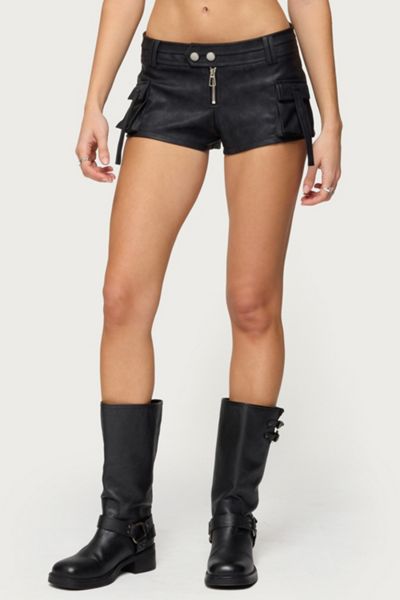Edikted Washed Faux Leather Micro Cargo Shorts