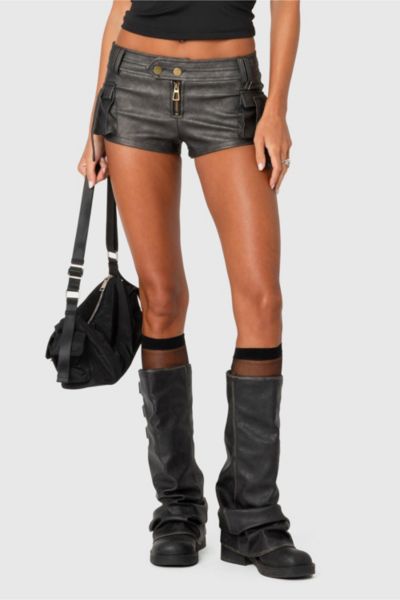 Edikted Washed Faux Leather Micro Cargo Shorts In Black/washed, Women's At Urban Outfitters
