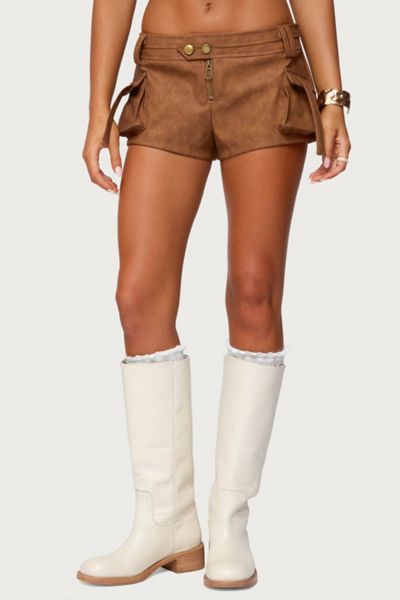 Edikted Washed Faux Leather Micro Cargo Shorts