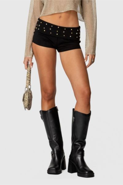 Edikted Studded Foldover Micro Shorts In Black, Women's At Urban Outfitters