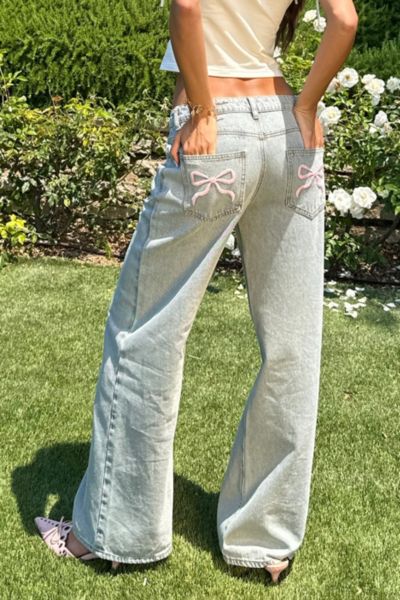 Edikted Bow Pocket Relaxed Jeans In Light/blue, Women's At Urban Outfitters