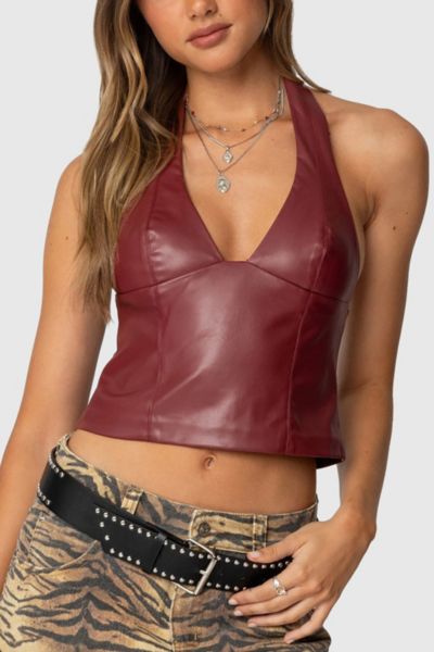 Edikted Tana Faux Leather Halter Top In Burgundy, Women's At Urban Outfitters