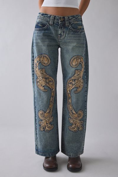 Bdg Kayla Soutache Embroidered Low-rise Jean In Americana Wash, Women's At Urban Outfitters In Blue